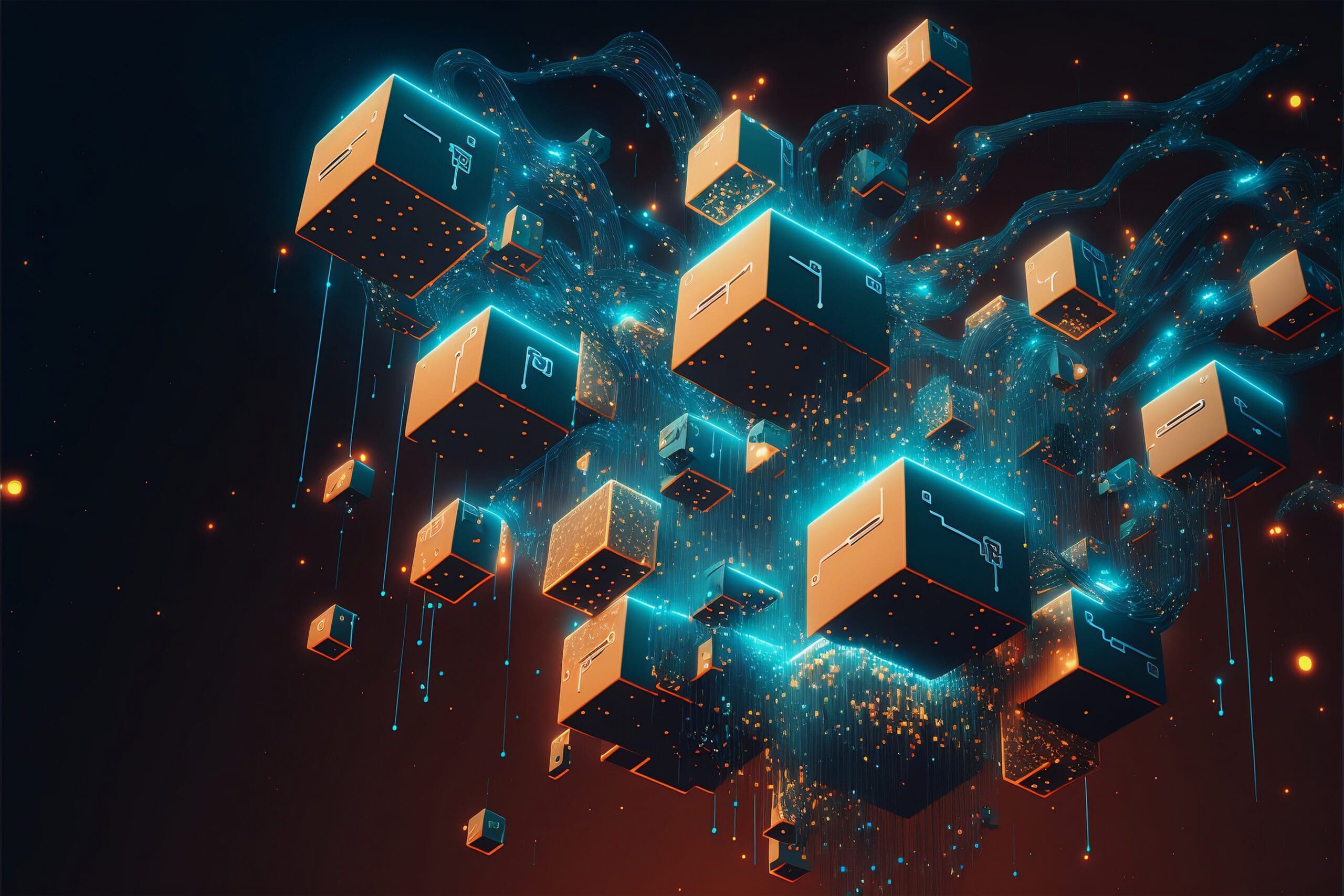 Digitale Darstellung mehrerer ineinandergreifender Blockchain-Blöcke, verbunden durch glühende Linien, die die vernetzte und dezentrale Struktur der Blockchain-Technologie visualisieren.