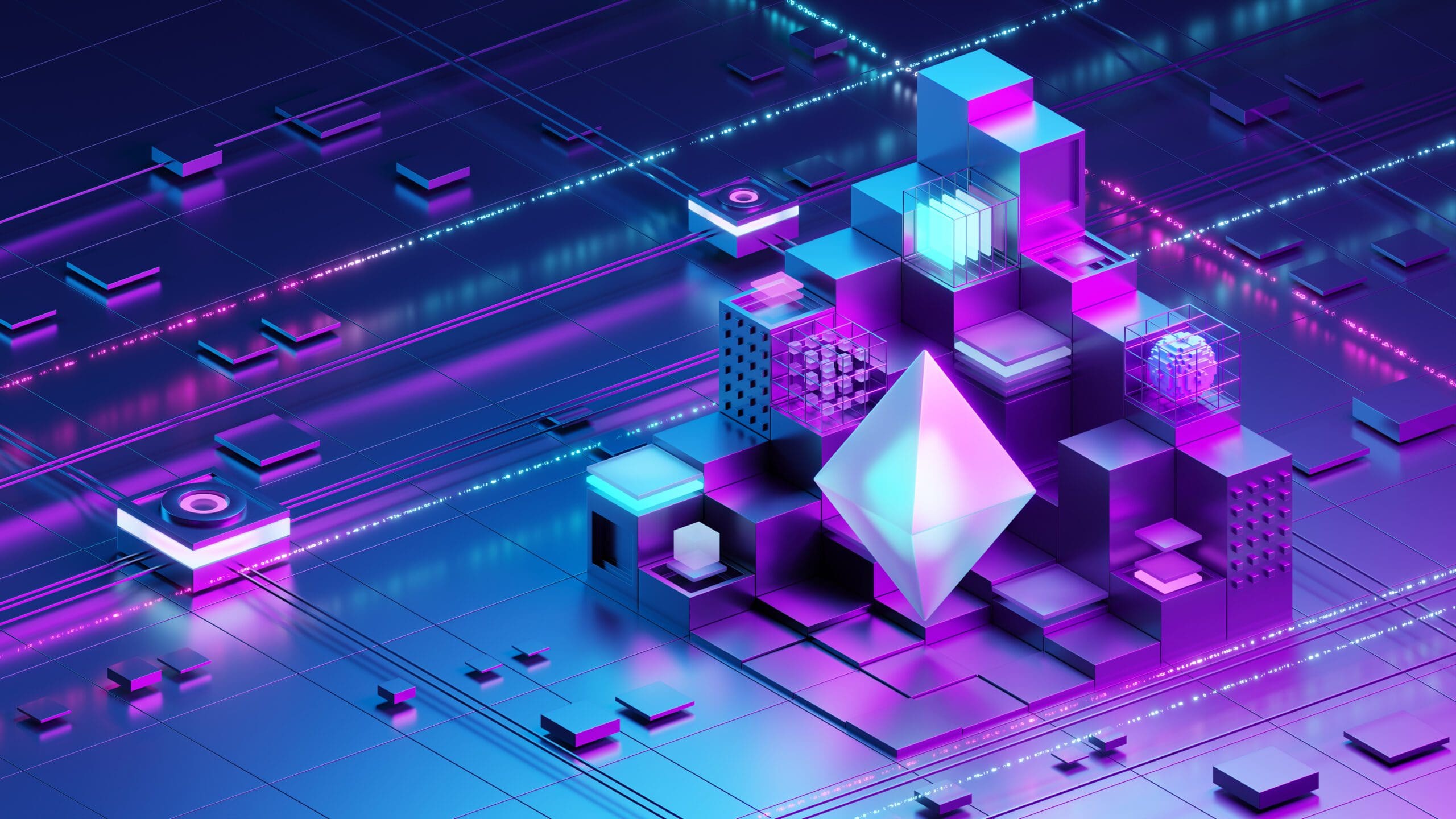 Eine futuristische 3D-Darstellung eines Ethereum-Logos im Zentrum eines Blockchain-Netzwerkes, umgeben von geometrischen Formen, die die Komplexität und Vernetzung der Blockchain-Technologie symbolisieren.