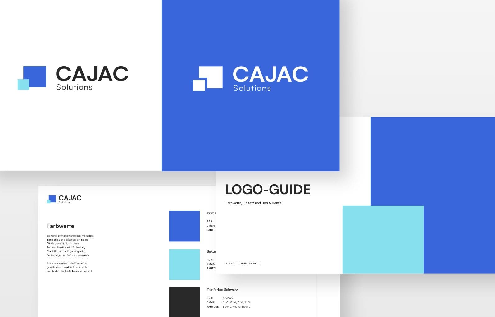 Eine Darstellung des Markenkonzepts von CAJAC Solutions, bestehend aus verschiedenen Materialien, die das Corporate Design zeigen. Oben links ist das Logo auf weißem Hintergrund, oben rechts auf blauem Hintergrund zu sehen. Unten links befindet sich eine Farbpalette mit Beschreibungen, und rechts ist ein 'LOGO-GUIDE' mit Farbspezifikationen und Typografie-Details abgebildet.