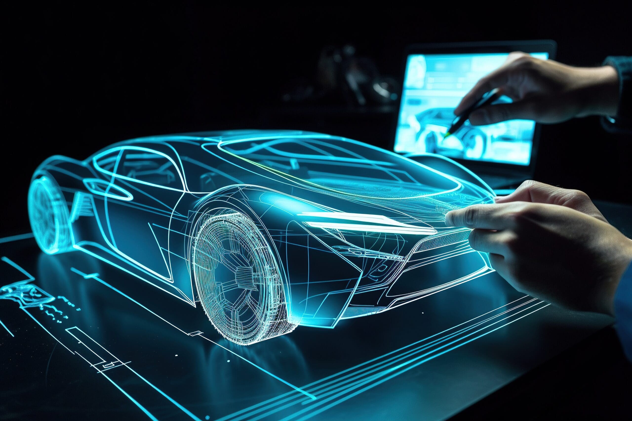 Holographische Darstellung eines Sportwagens im Designprozess, veranschaulicht moderne Techniken im Game Development für Fahrzeugmodellierung.