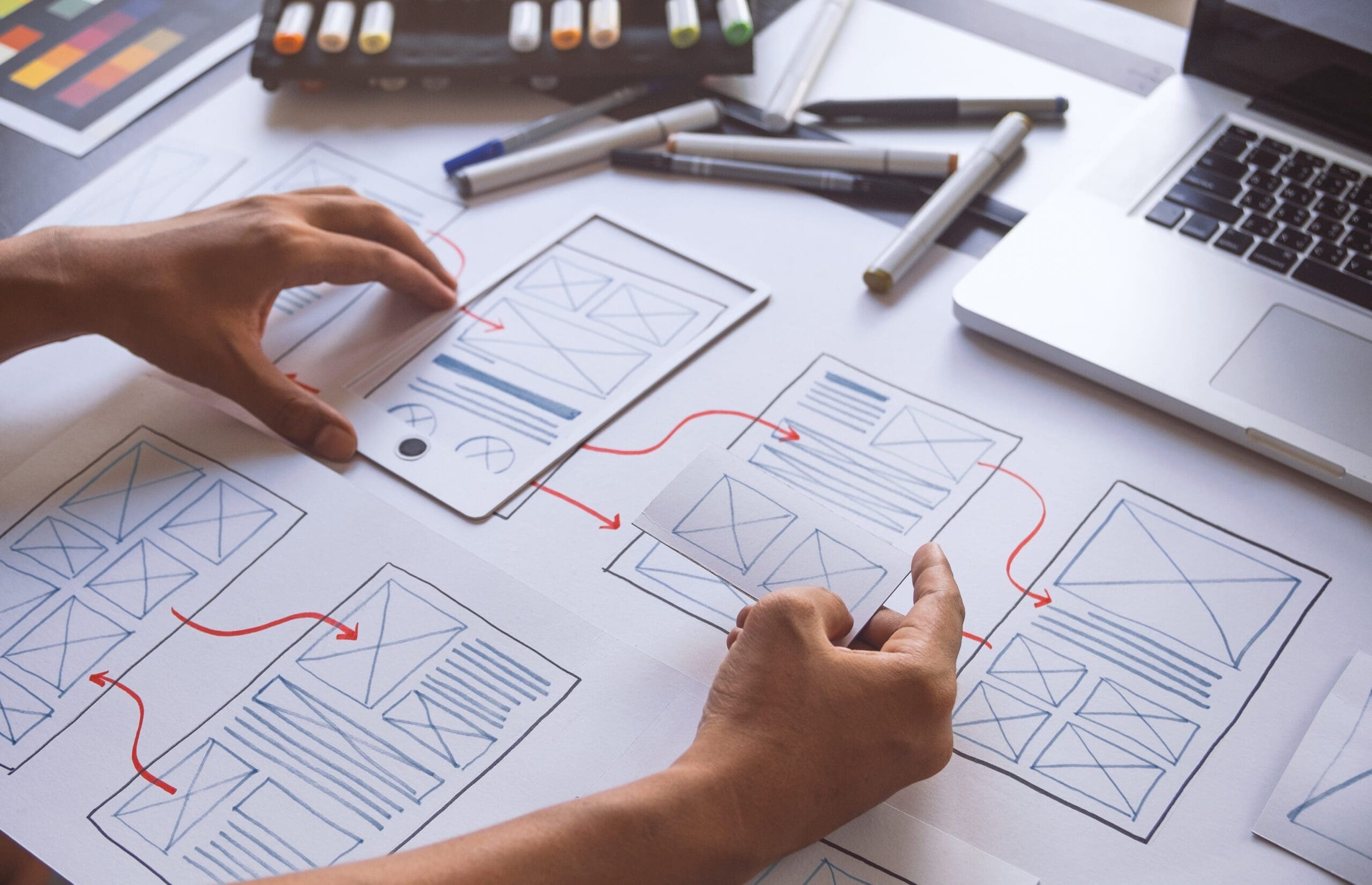 Eine Person, die im Bereich web development tätig ist, skizziert Wireframes und Benutzeroberflächenentwürfe auf Papier mit roten Linien, die Navigationsflüsse anzeigen, neben einem Laptop und Design-Markern.