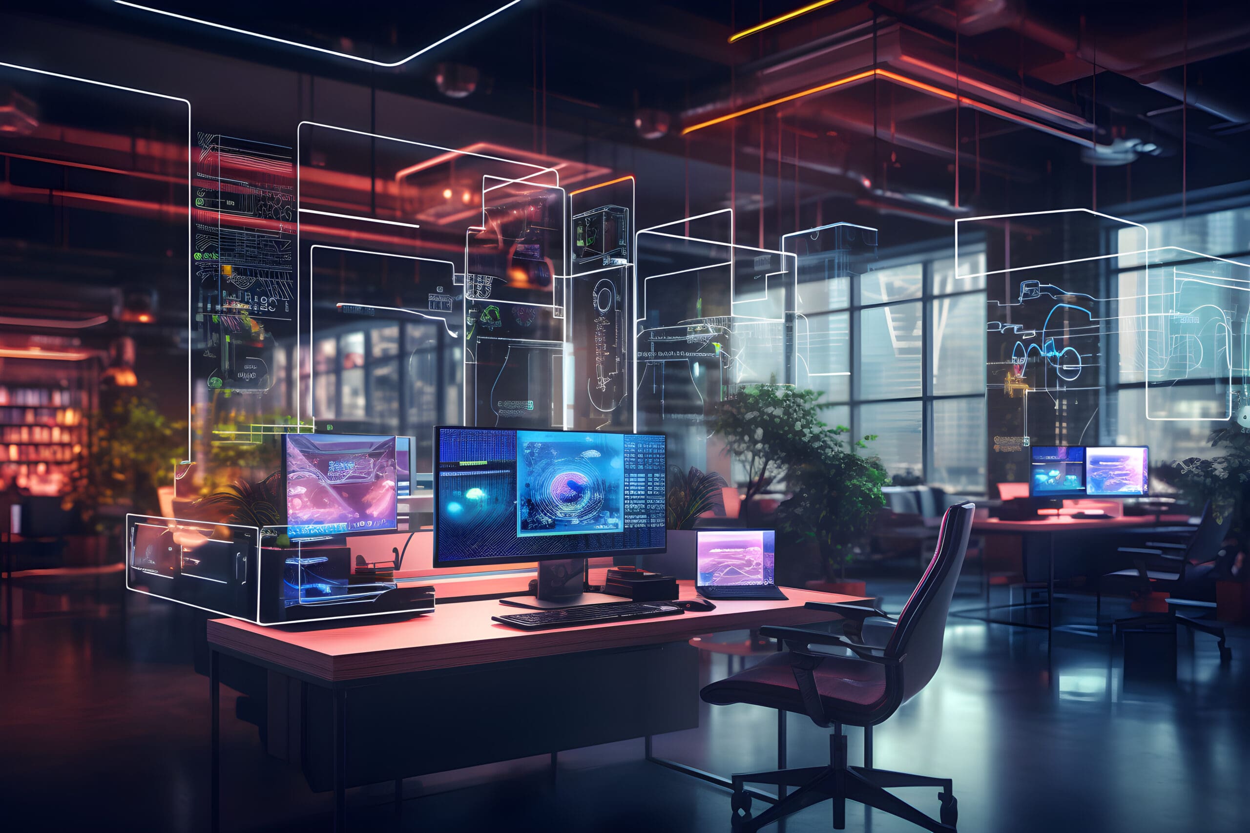 Ein moderner Arbeitsplatz mit mehreren Bildschirmen, die fortgeschrittene Anwendungen der künstlichen Intelligenz in einer High-Tech-Umgebung anzeigen.