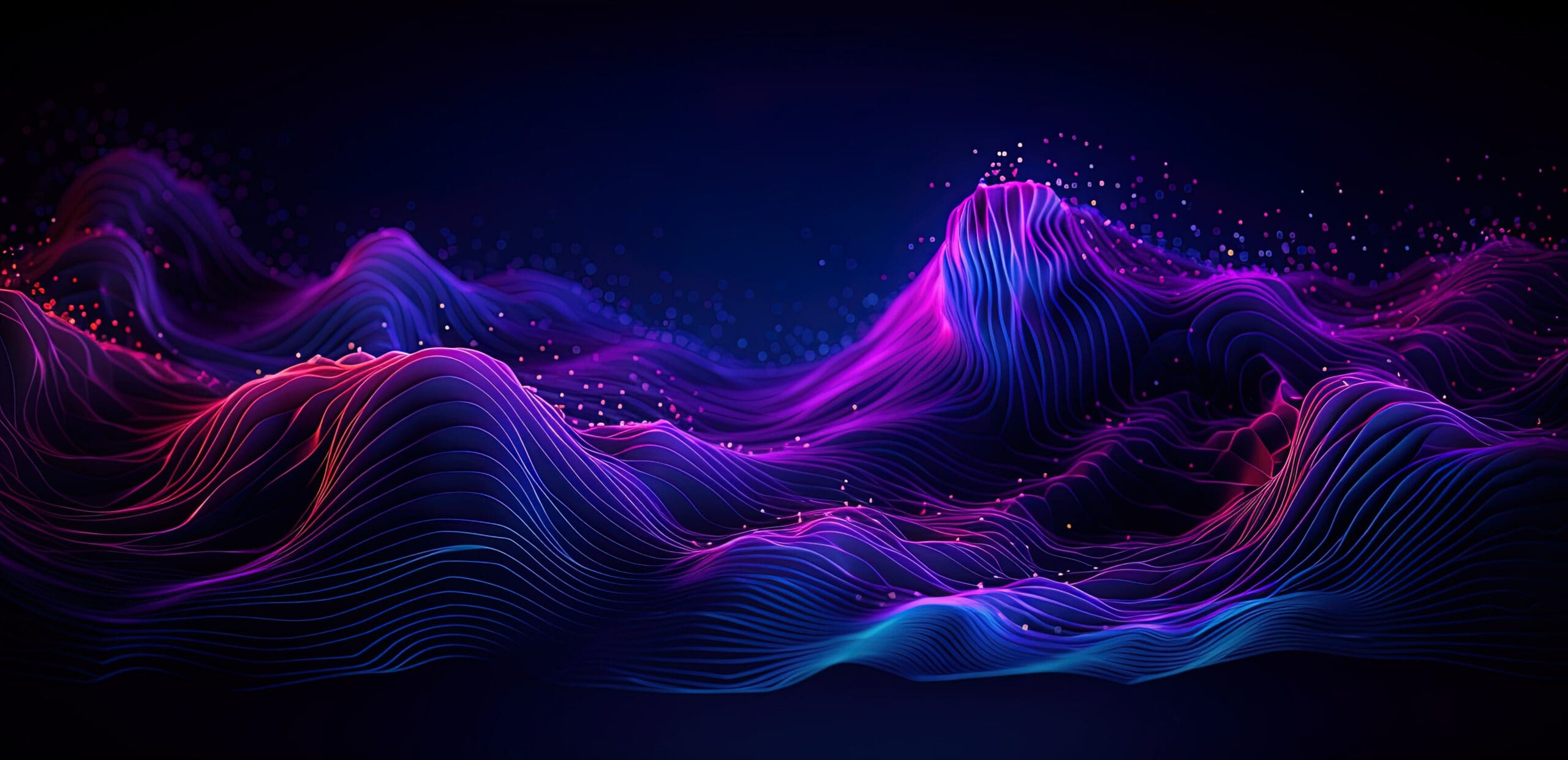 Dynamische Wellen in Neonfarben veranschaulichen den Datenfluss und die Verarbeitungskapazität der künstlichen Intelligenz.