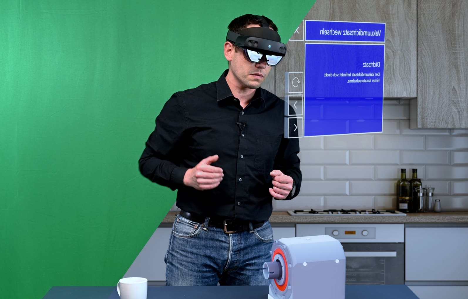 Ein Mann in einem schwarzen Hemd und einer Augmented Reality (AR)-Brille interagiert mit virtuellen Displays in einer realen Küchenumgebung, was die Verschmelzung von AR- und VR-Technologie demonstriert.