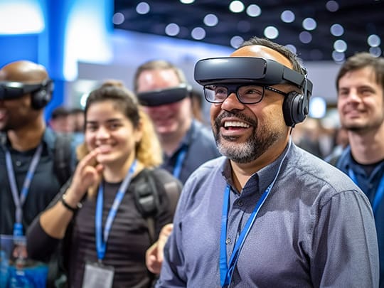 Ein begeisterter Teilnehmer einer Konferenz trägt ein XR-Headset und lacht, während er eine Extended Reality-Anwendung erlebt, umgeben von anderen Besuchern, die ähnliche Headsets tragen.
