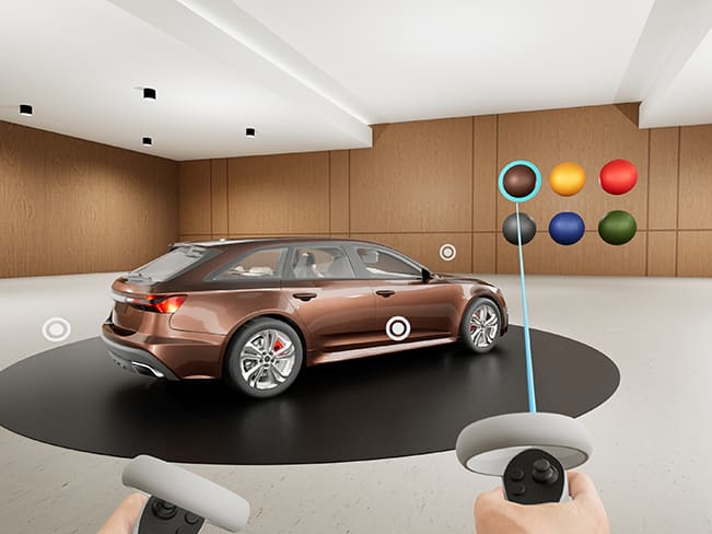 Benutzer interagiert mit einem virtuellen Auto, dem digitalen Zwilling eines realen Fahrzeugs, in einer VR-Umgebung, gesteuert mit Handcontrollern.