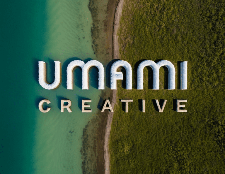 Das Umami Creative Logo auf einer Landzunge zwischen türkisfarbenem Wasser und grüner Landschaft