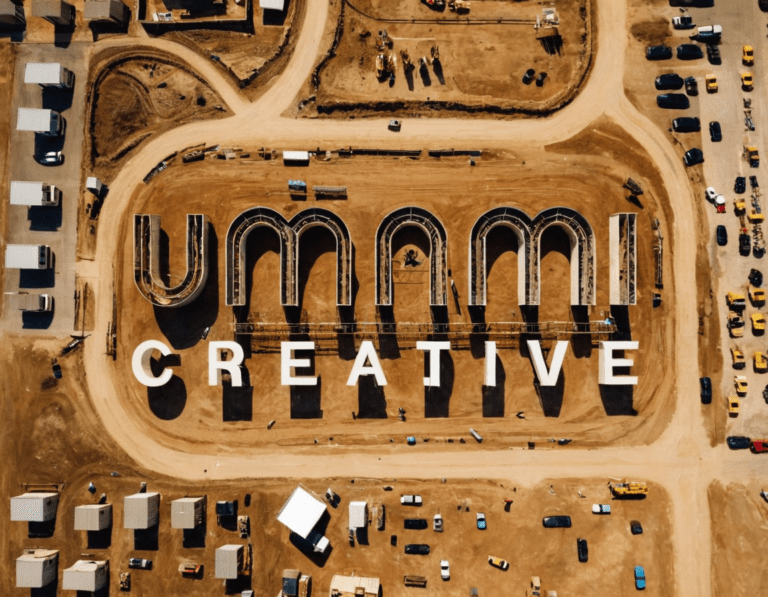 Das Umami Creative Logo auf einer Baustelle umgeben von Baufahrzeugen